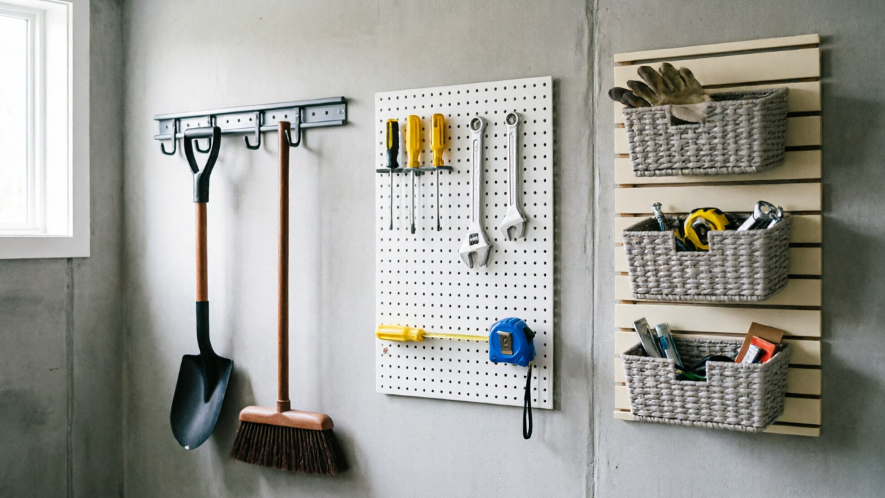 Side-by-side photo of three garage wall storage systems mounted on one wall