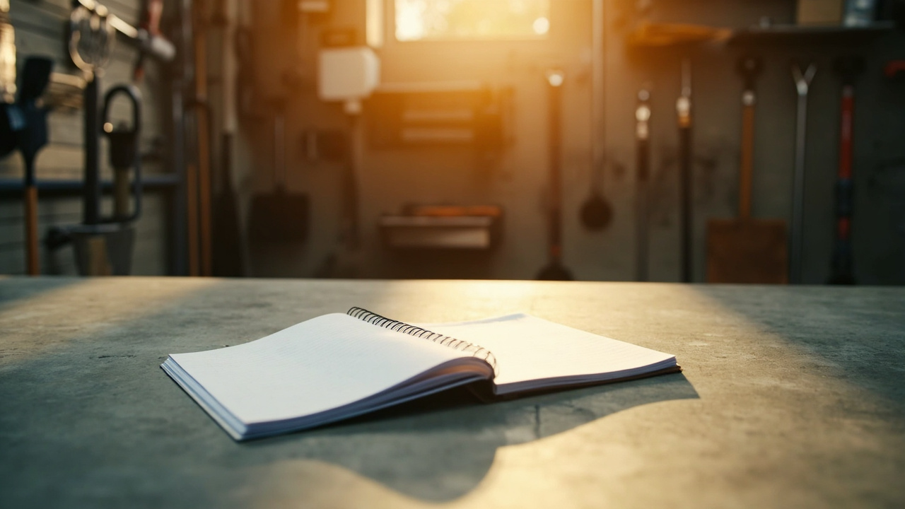 Open blank notebook on a garage workbench in morning light, with a tool rail and hanging tools softly blurred behind