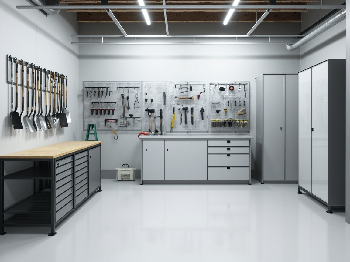 Garage workshop zone with wall tool rail, pegboard, freestanding tool stand, and locked metal cabinet