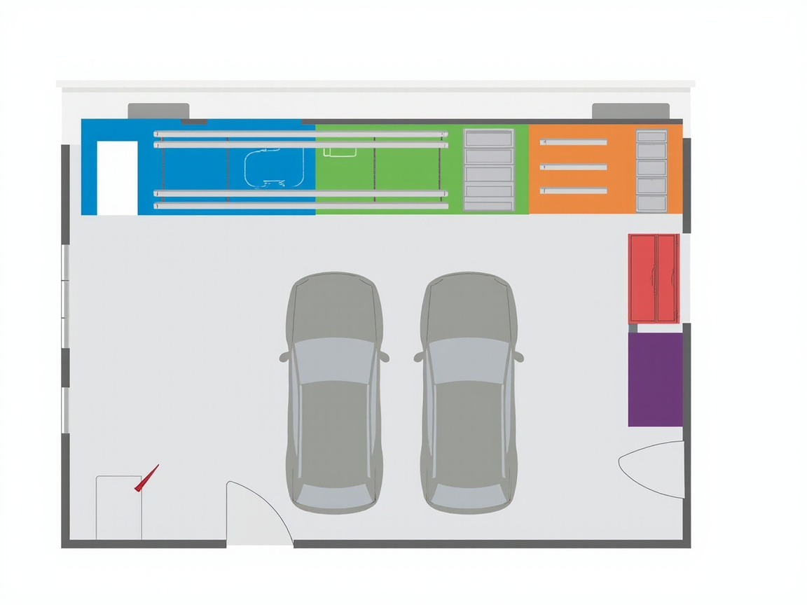 Top-down 2-car garage floor plan with five color-coded storage zones shown through unmarked visual regions
