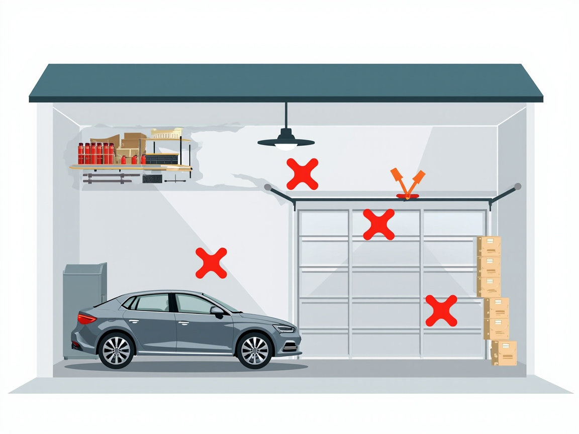 Common garage organization mistakes including blocked car door, overloaded rack, unlocked flammables, and track interference