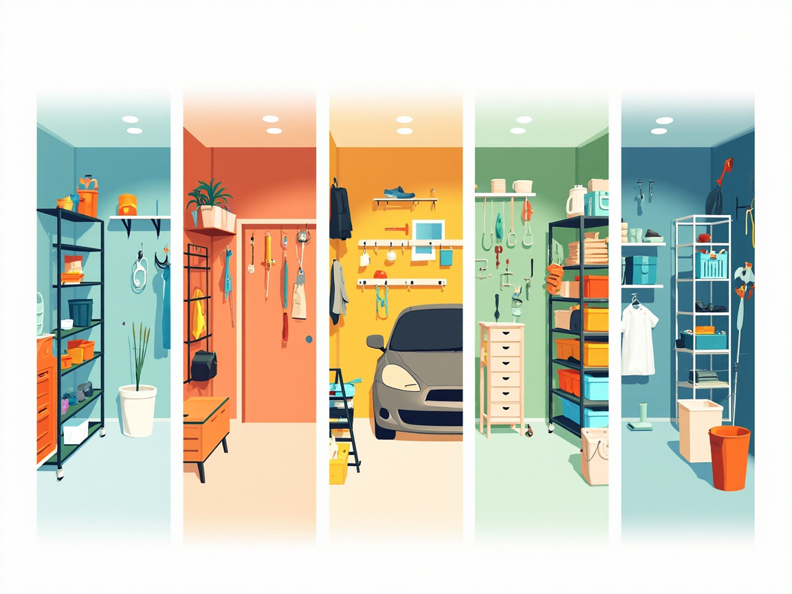 Five garage constraint scenarios showing rental, budget, low-ceiling, no-wall, and shared storage solutions