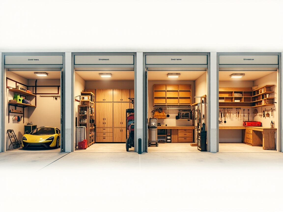 Four garage size layouts showing different storage configurations for compact, standard, 1.5-car, and workshop hybrid garages