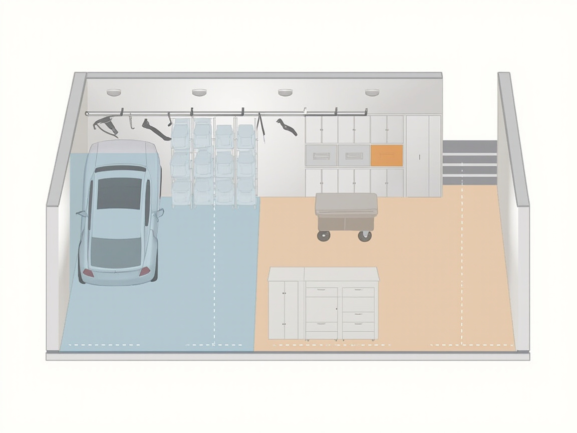 Garage measurement diagram showing wall length, ceiling height, door track clearance, and car-door swing radius