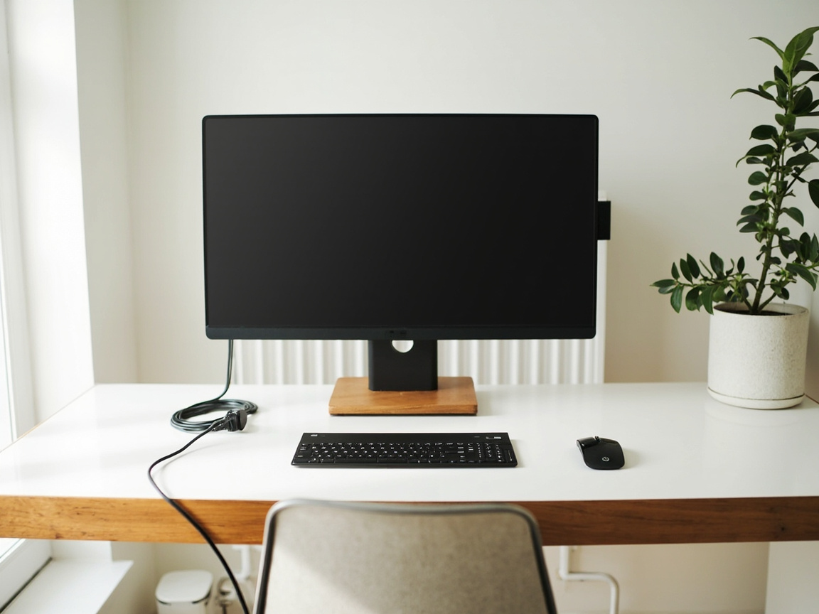 Ergonomic home office with clear foot space, raised monitor, close keyboard, and organized under-desk cables