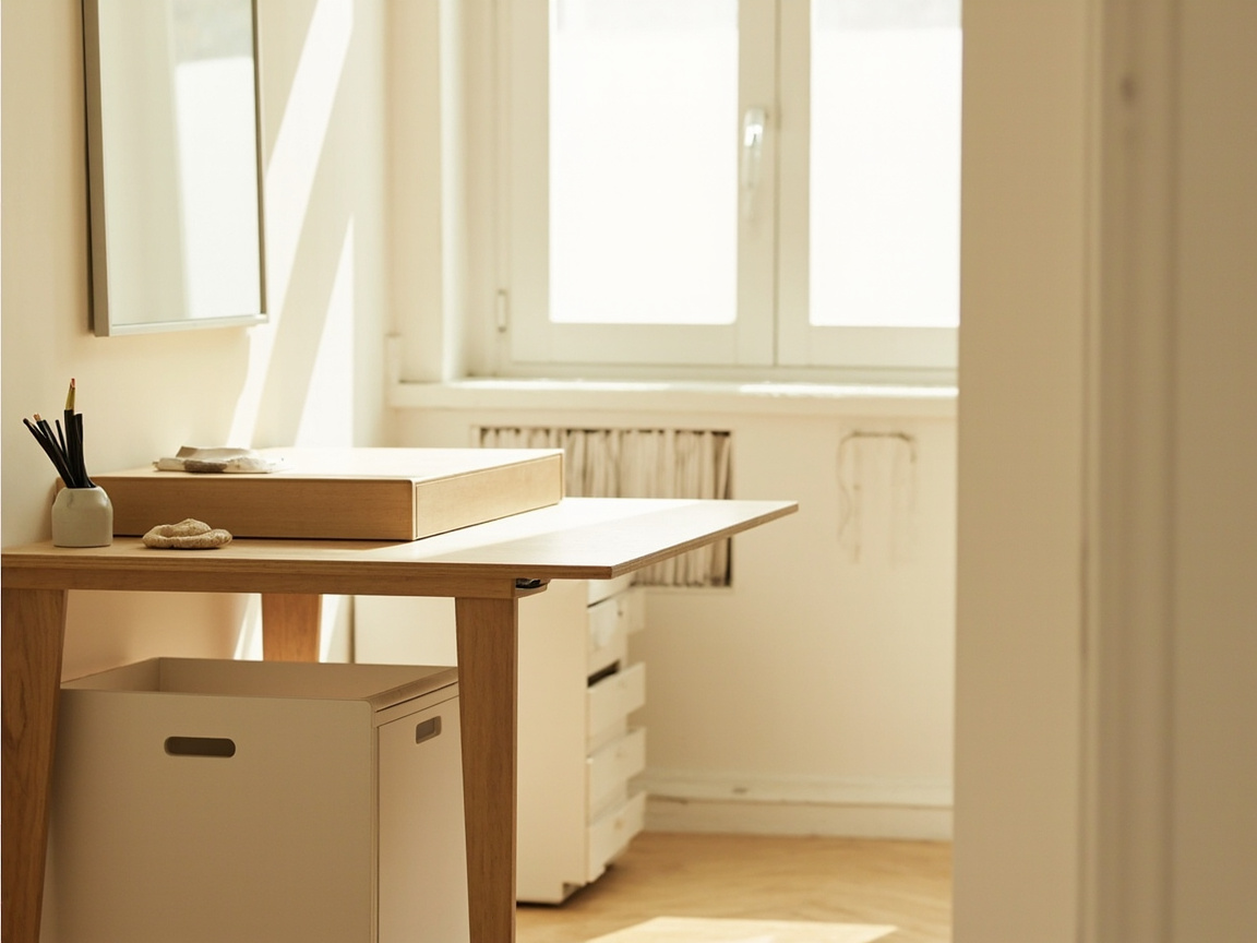 Rental-friendly home office with freestanding paper storage and a no-drill cable tray under the desk