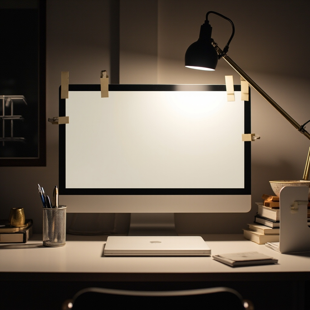 Narrow desk under 36 inches with a laptop, mesh organizer, and memo board clipped to monitor bezel