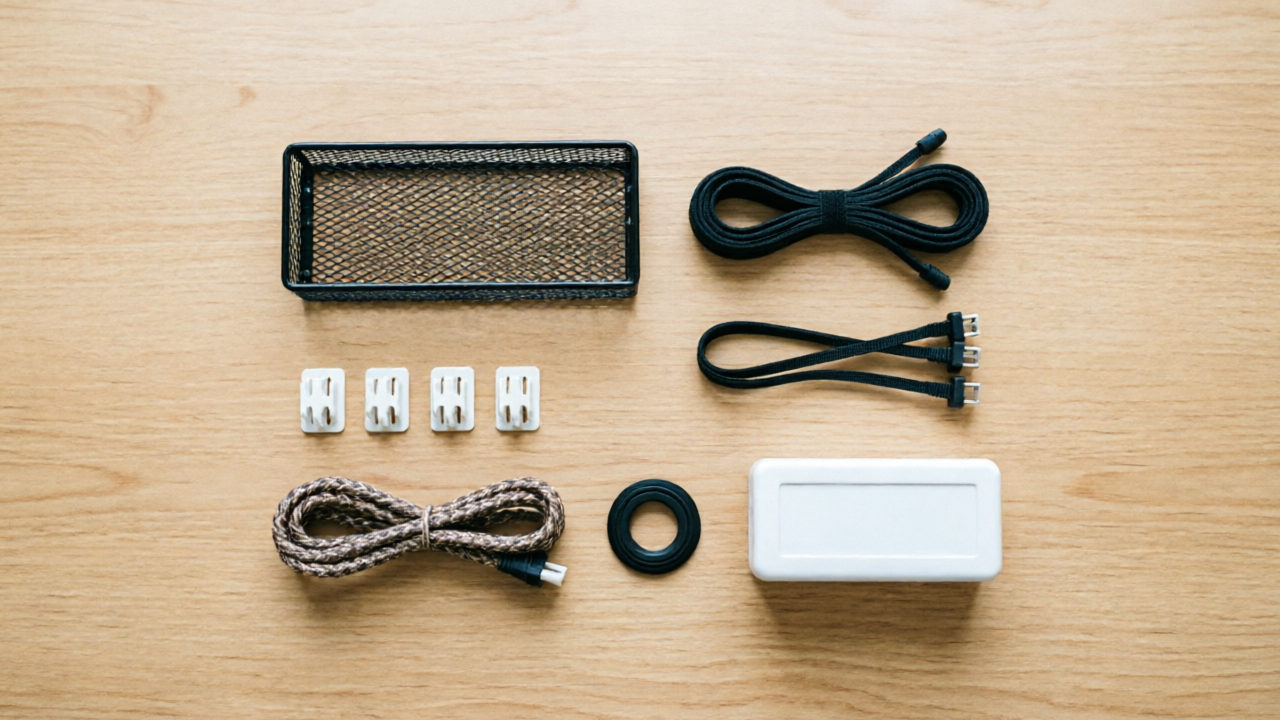 Product lineup of cable management tools: tray, box, clips, ties, sleeve, grommet, power strip