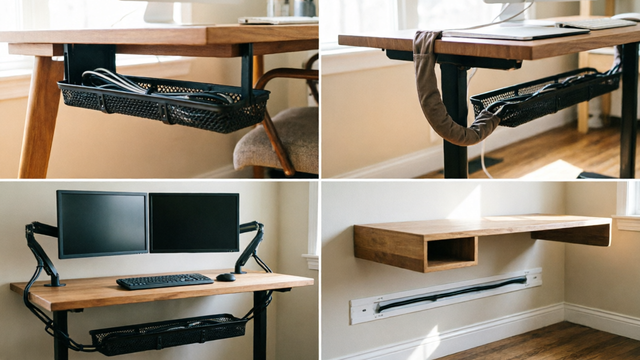 Four cable routing layouts: sitting desk, standing desk, dual-monitor desk, floating desk