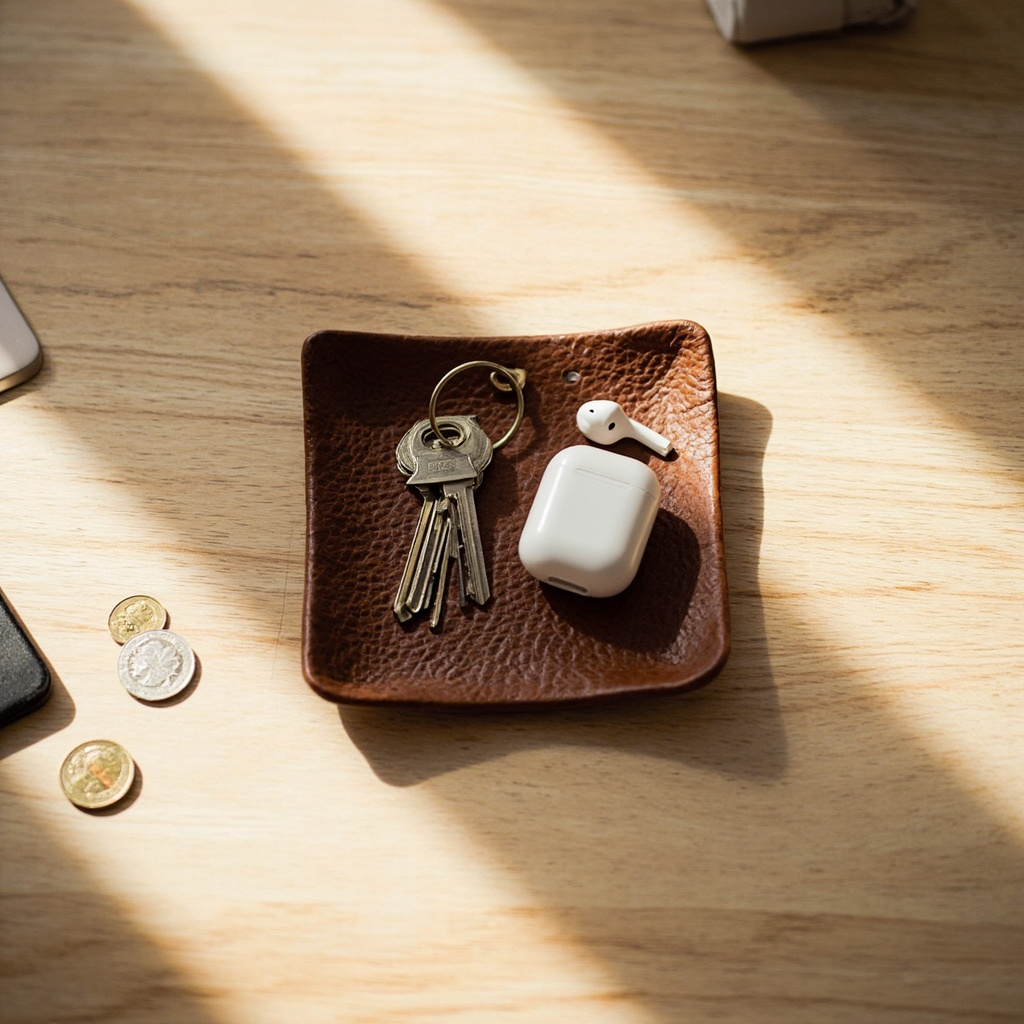 PU leather valet tray on desk holding loose items — coins, earbuds case, keys