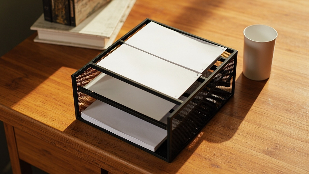 Inclined mesh file sorter on desk edge with three compartments holding Action, File, and Recycle paper stacks