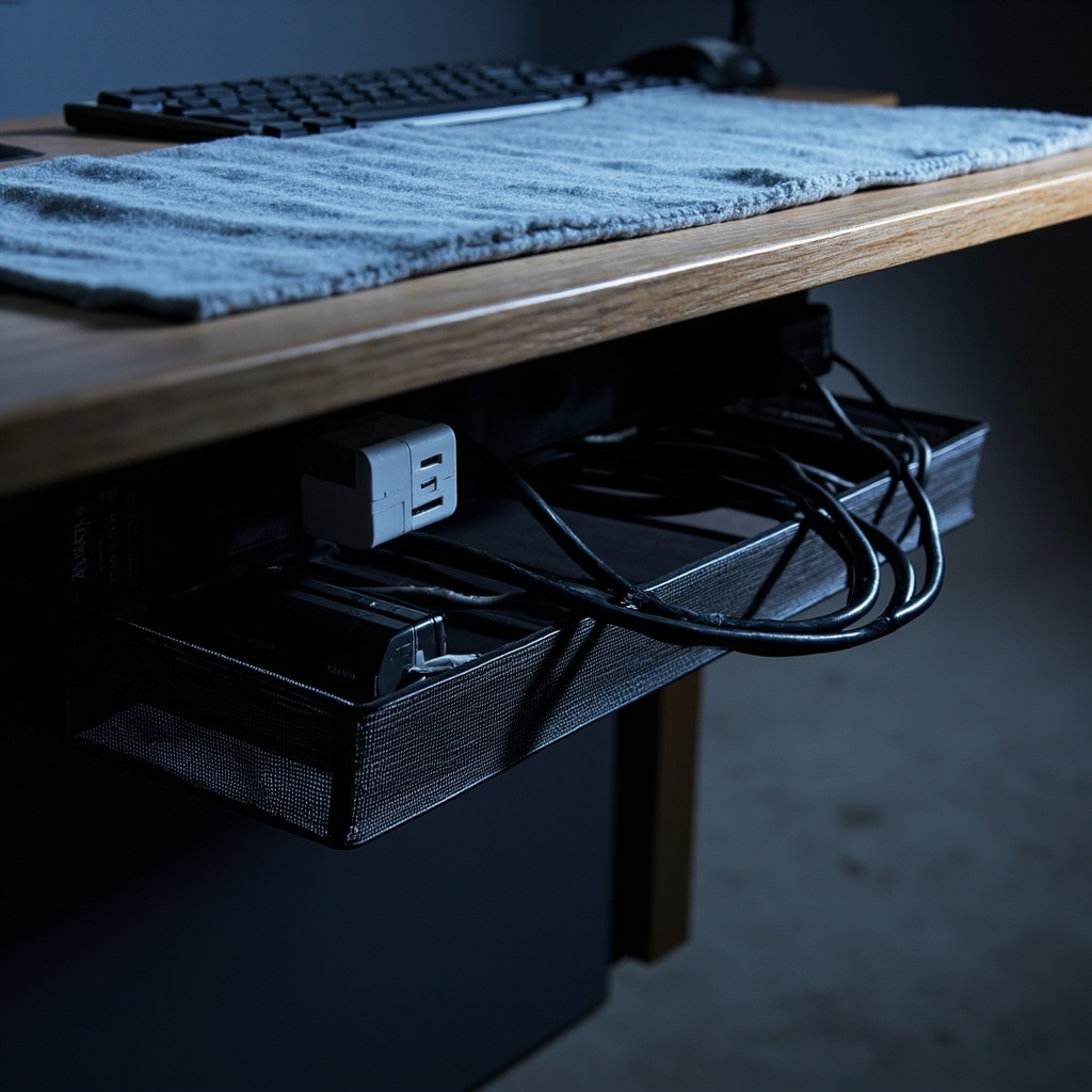 Under-desk view of clamp-mounted cable tray holding wall-wart chargers with microfiber cloth on desk edge