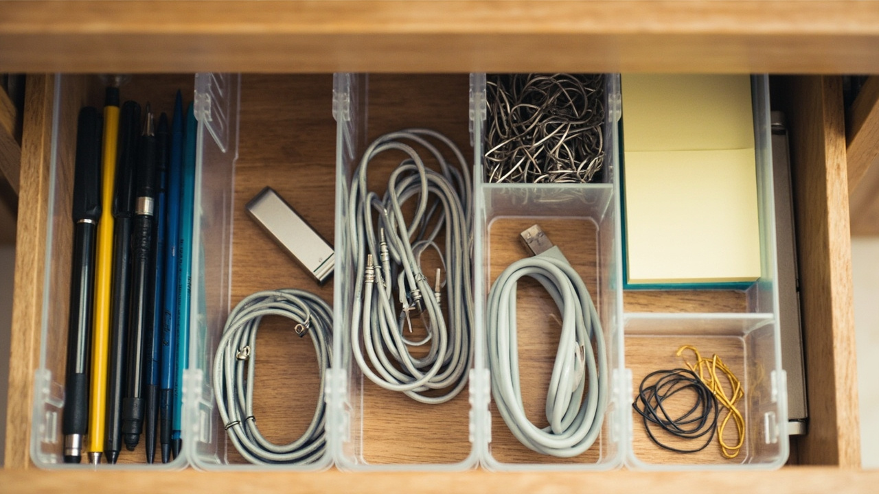 Five-zone desk drawer layout: writing, cables, small tools, documents, personal