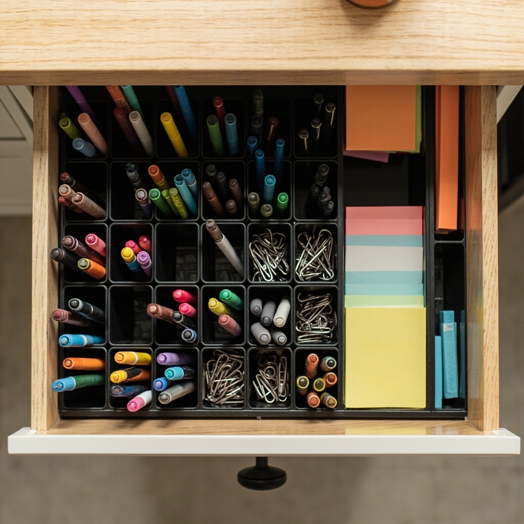 Black plastic Kutesna 15-piece drawer organizer with pens upright in small bins and paper clips in medium bins