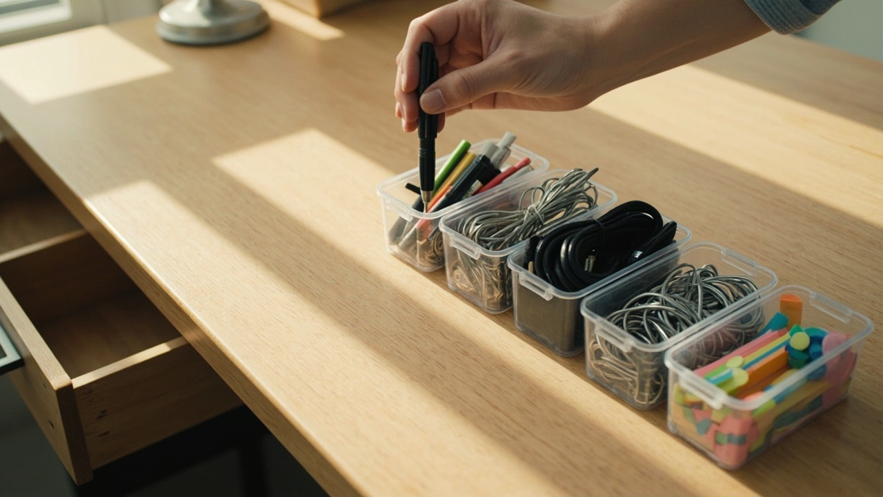 Person sorting desk drawer contents into 5 labeled bins on a wood desk surface during the 25-minute setup