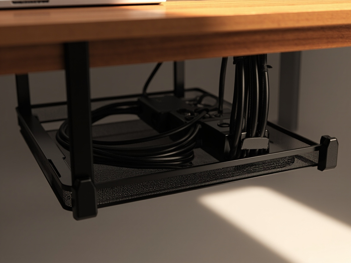 Under-desk cable tray clamped to wood desk holding power strip and bundled cables with labels on both ends