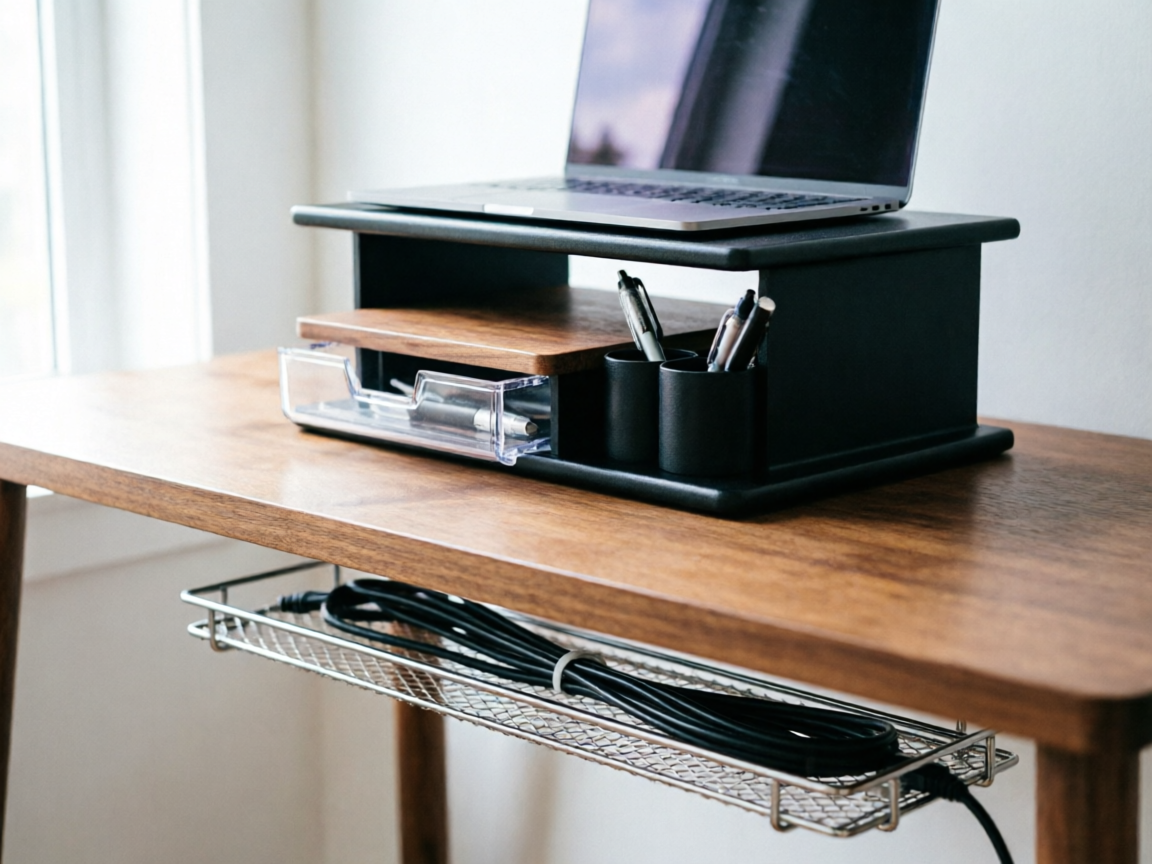 Sub-3 sqft desk with laptop, OPNICE 2-tier monitor riser creating vertical storage, and under-desk cable tray