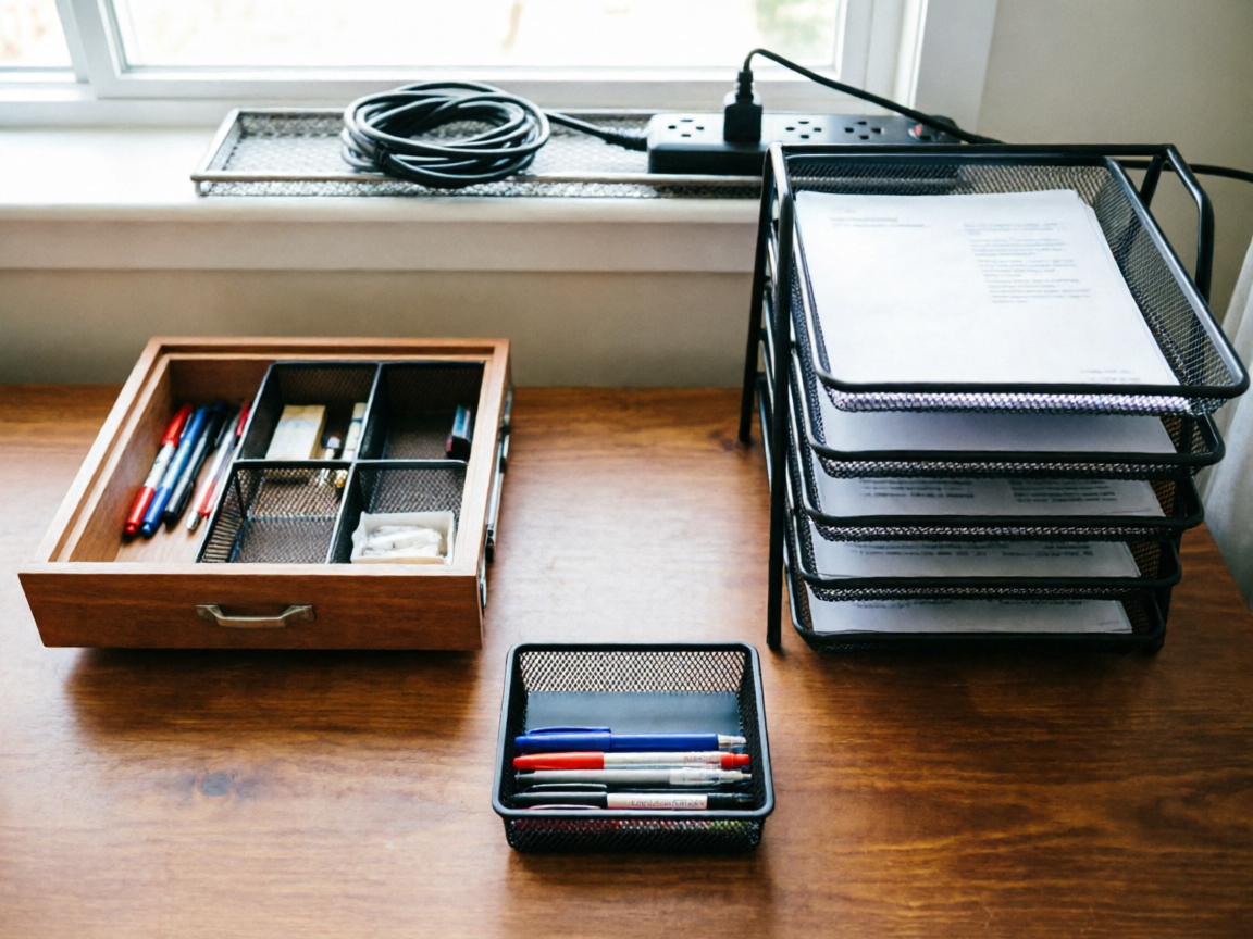 Overhead view of home office desk showing 4 zones: daily tools, drawer, paper tray, and under-desk cables