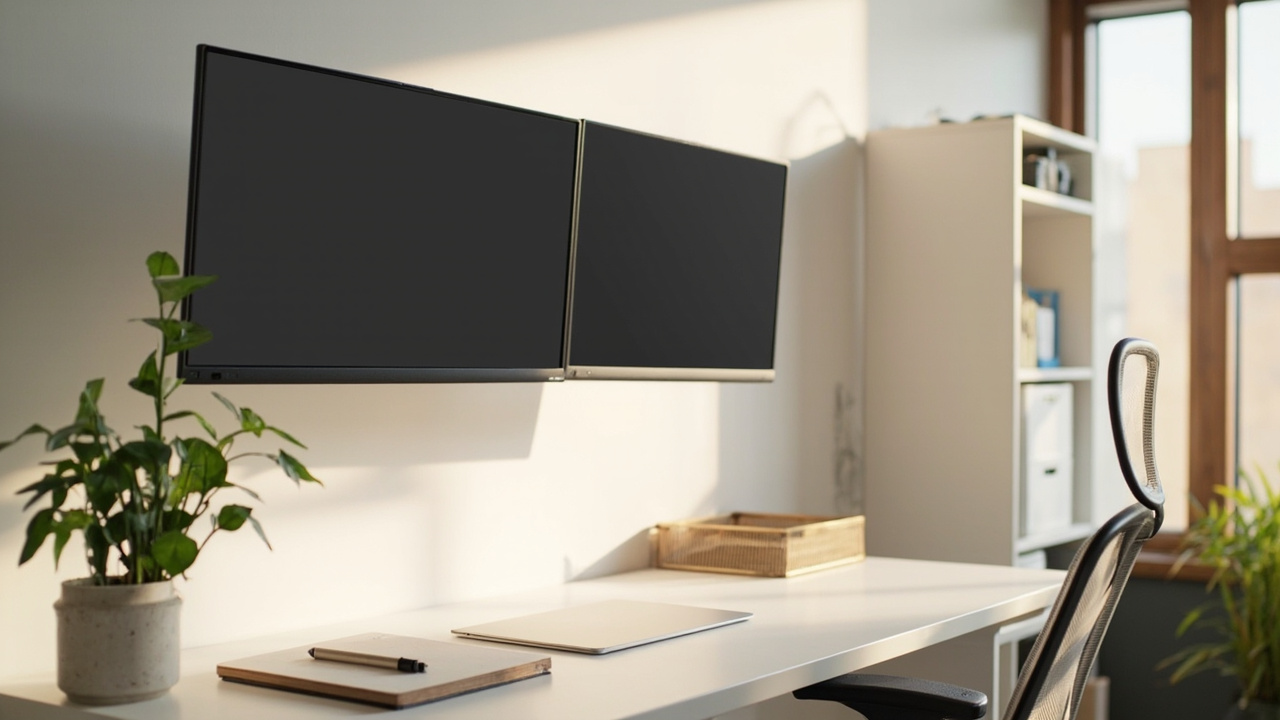 Organized home office desk with clean surface, wall storage, and managed cables