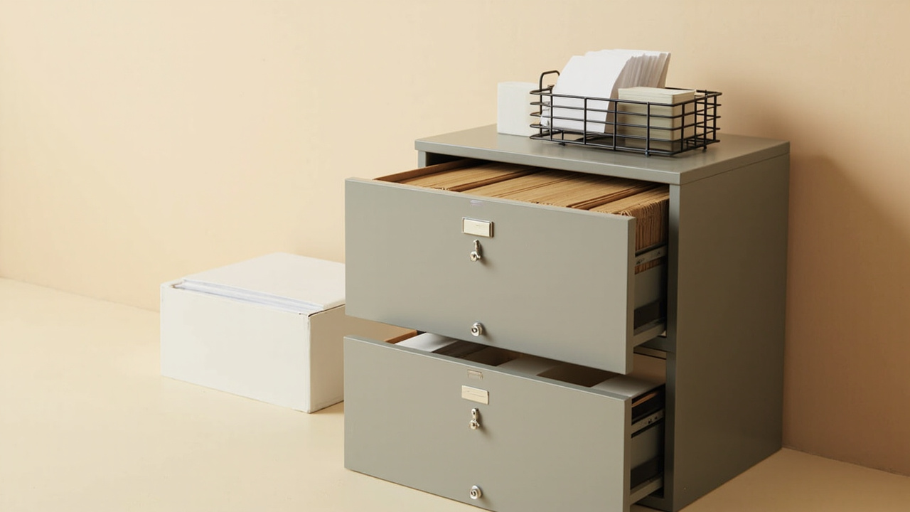 Home-office filing station with a lockable two-drawer cabinet, hanging folders, desktop sorter, and archive box
