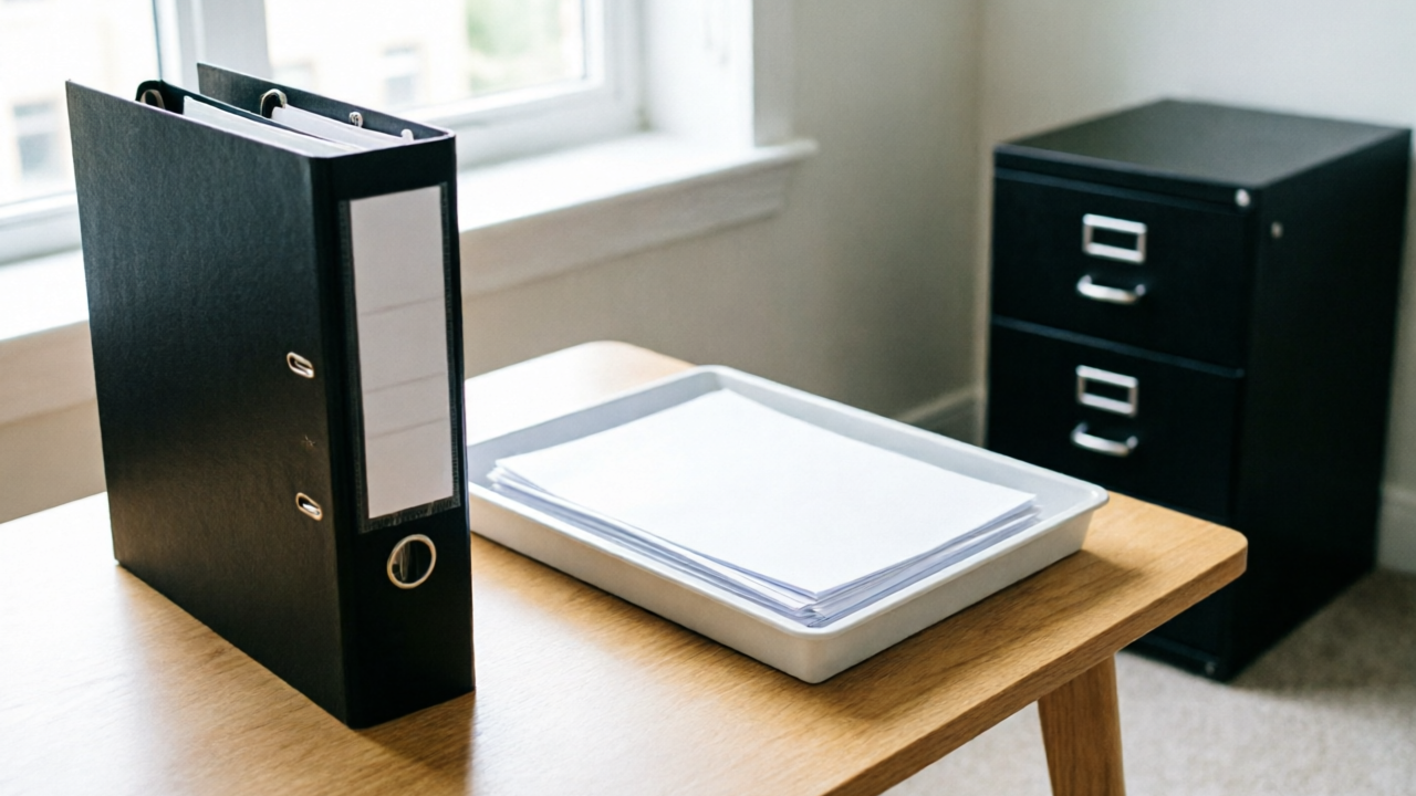 Weekly filing reset: shred pile beside desktop sorter, labeled hanging files, portable archive box