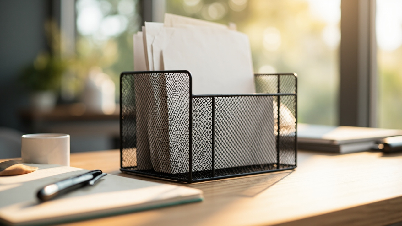 Black metal mesh three-slot mail sorter on a light wood desk holding neat envelopes