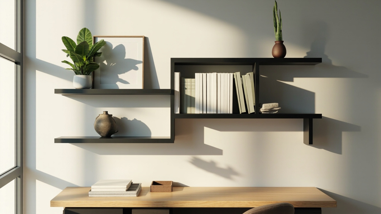 Floating shelf arrangement above desk for books and reference materials