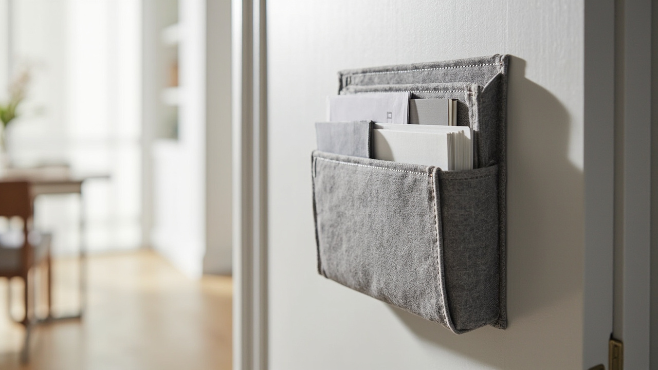 Over-the-door file organizer holding letter-size mail and a small planner behind a standard interior door