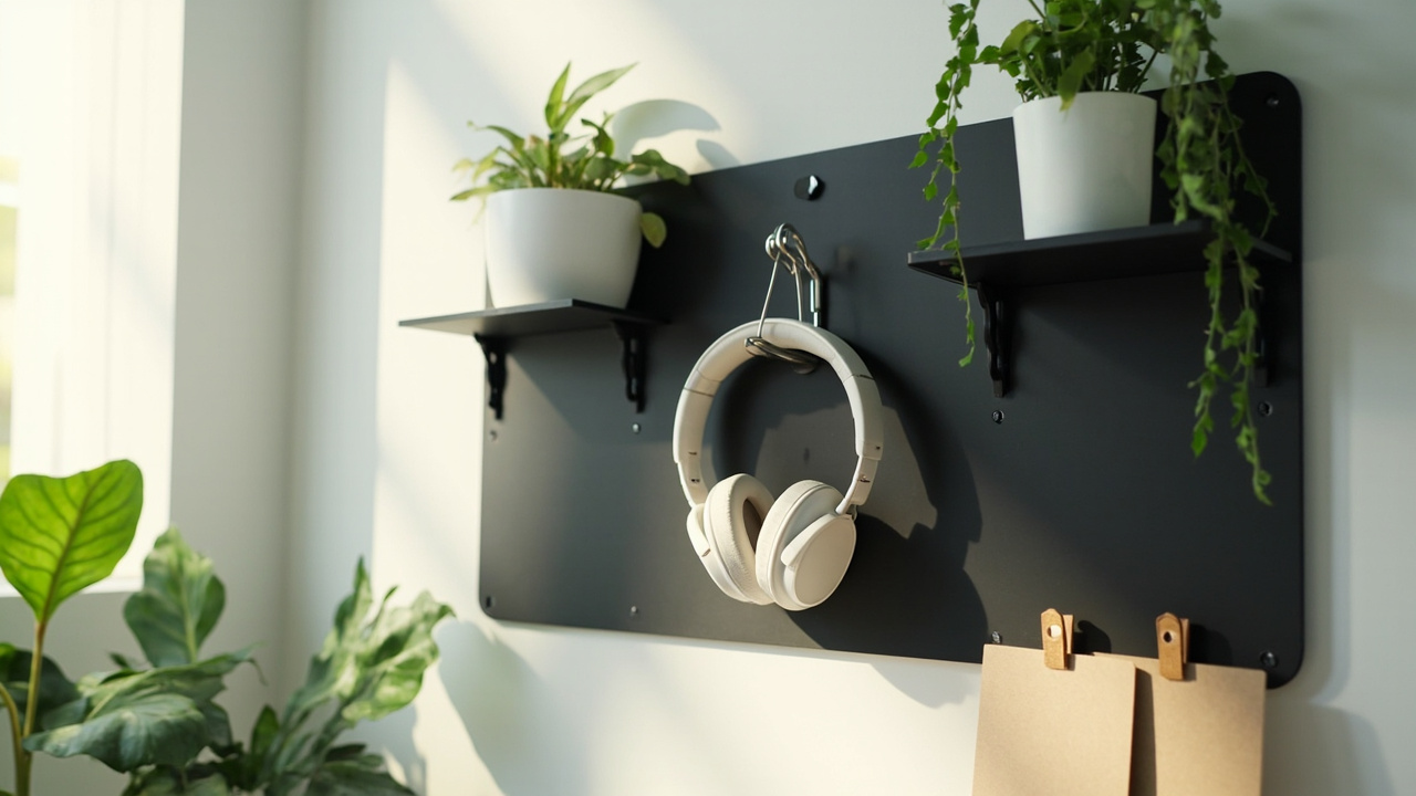 Modular pegboard above a small desk — headphones, plant, charging cable, and clipboards at eye level