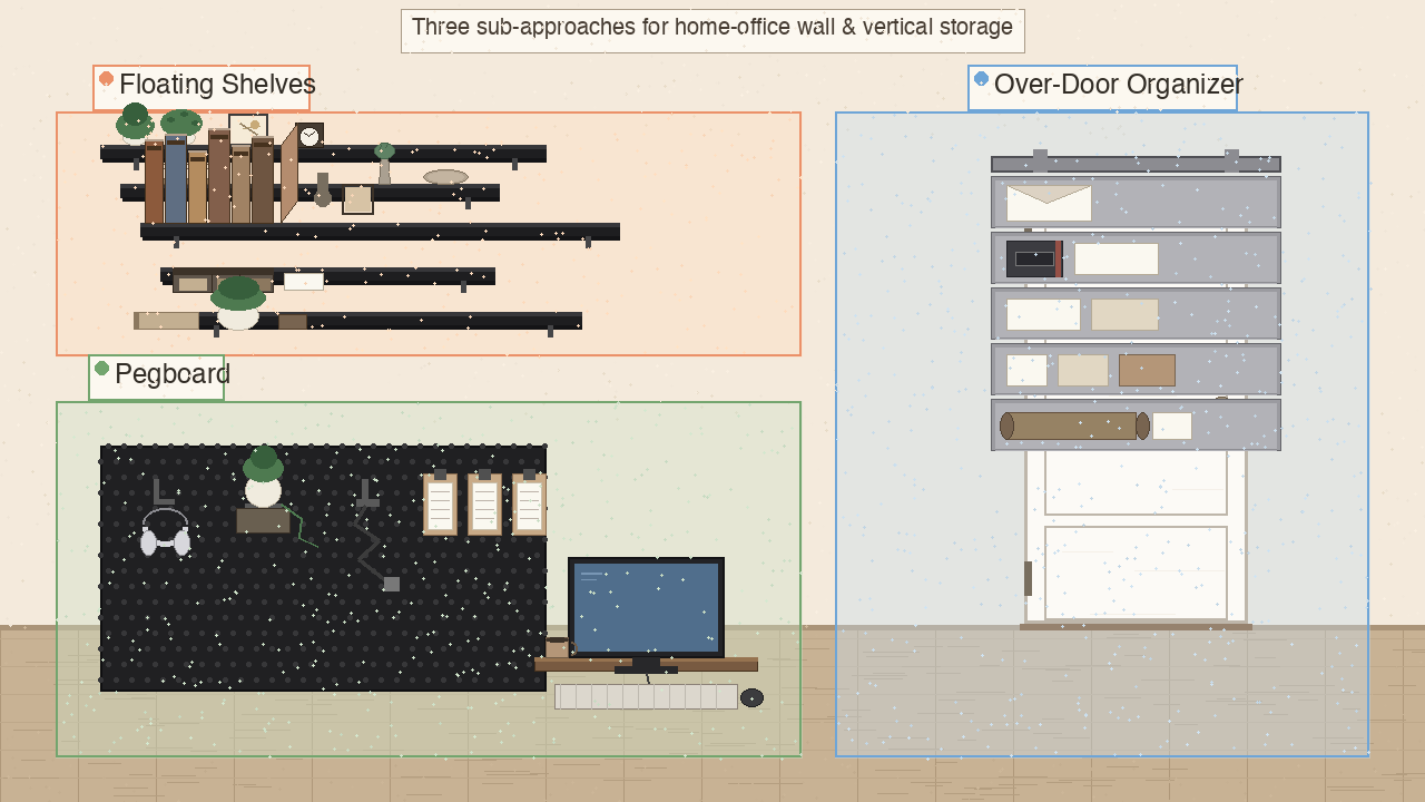 Front-elevation zoned diagram showing floating shelves, pegboard strip, and over-the-door organizer on three labeled wall zones