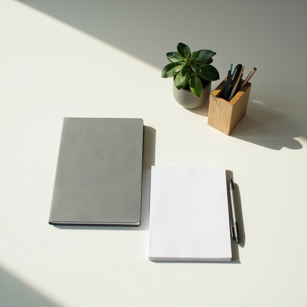 Quarterly home office audit with blank paper, a cleared desk, and a reset pen organizer