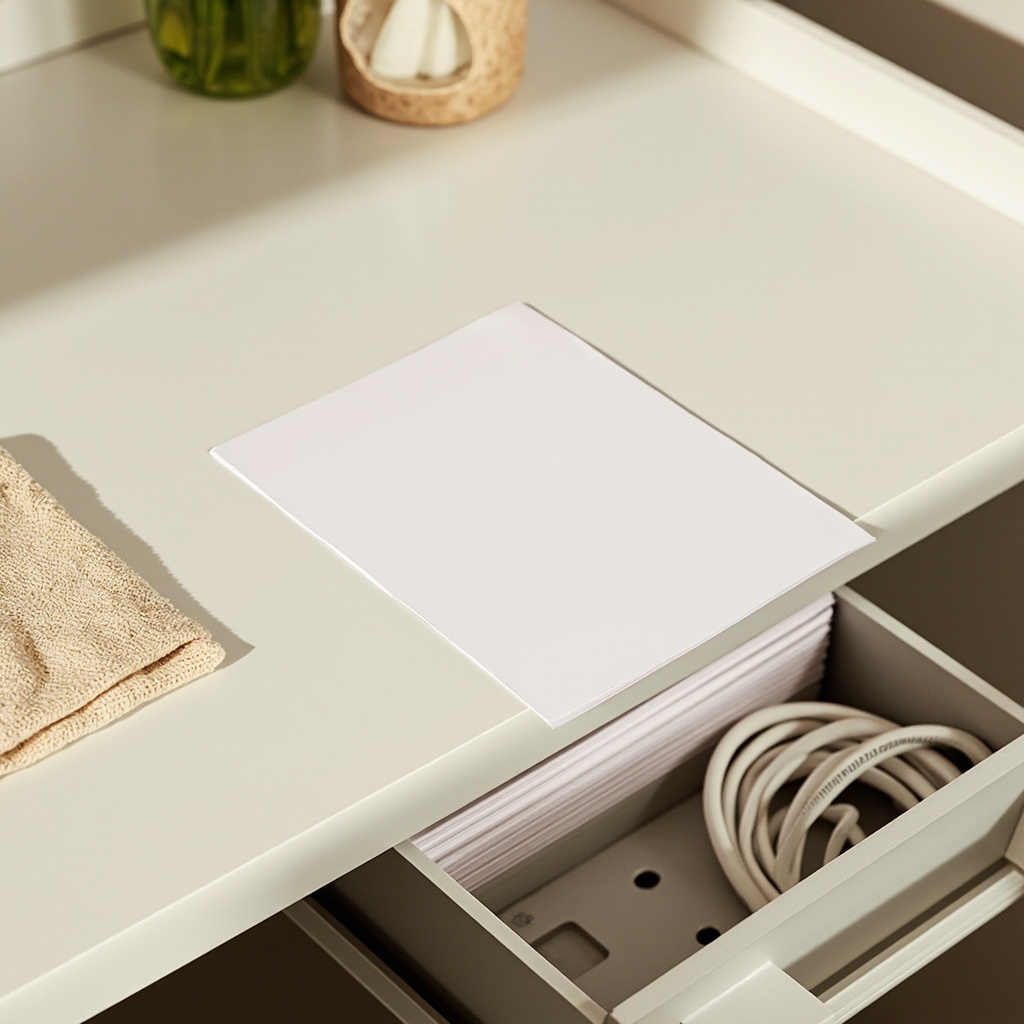 Weekly home office reset with blank papers, a clean desk, and a tidy cable tray