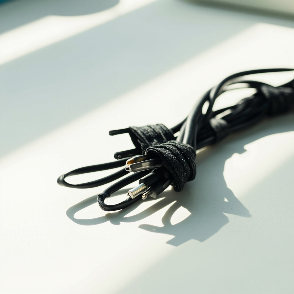 Neatly bundled home office cables secured with plain ties behind a desk