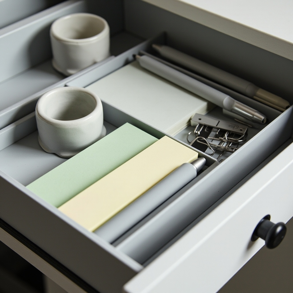 Desk drawer reset with clean compartments for pens, clips, notes, and USB drives