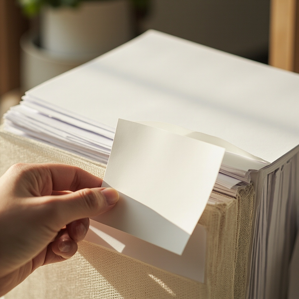 Applying a blank adhesive label to a plain home office file folder beside incoming papers