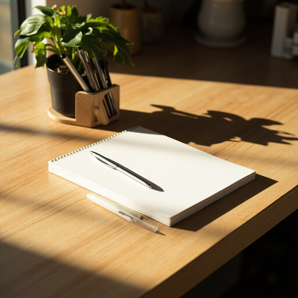 Five-minute home office reset with clear desk, filed papers, and an empty wastebasket