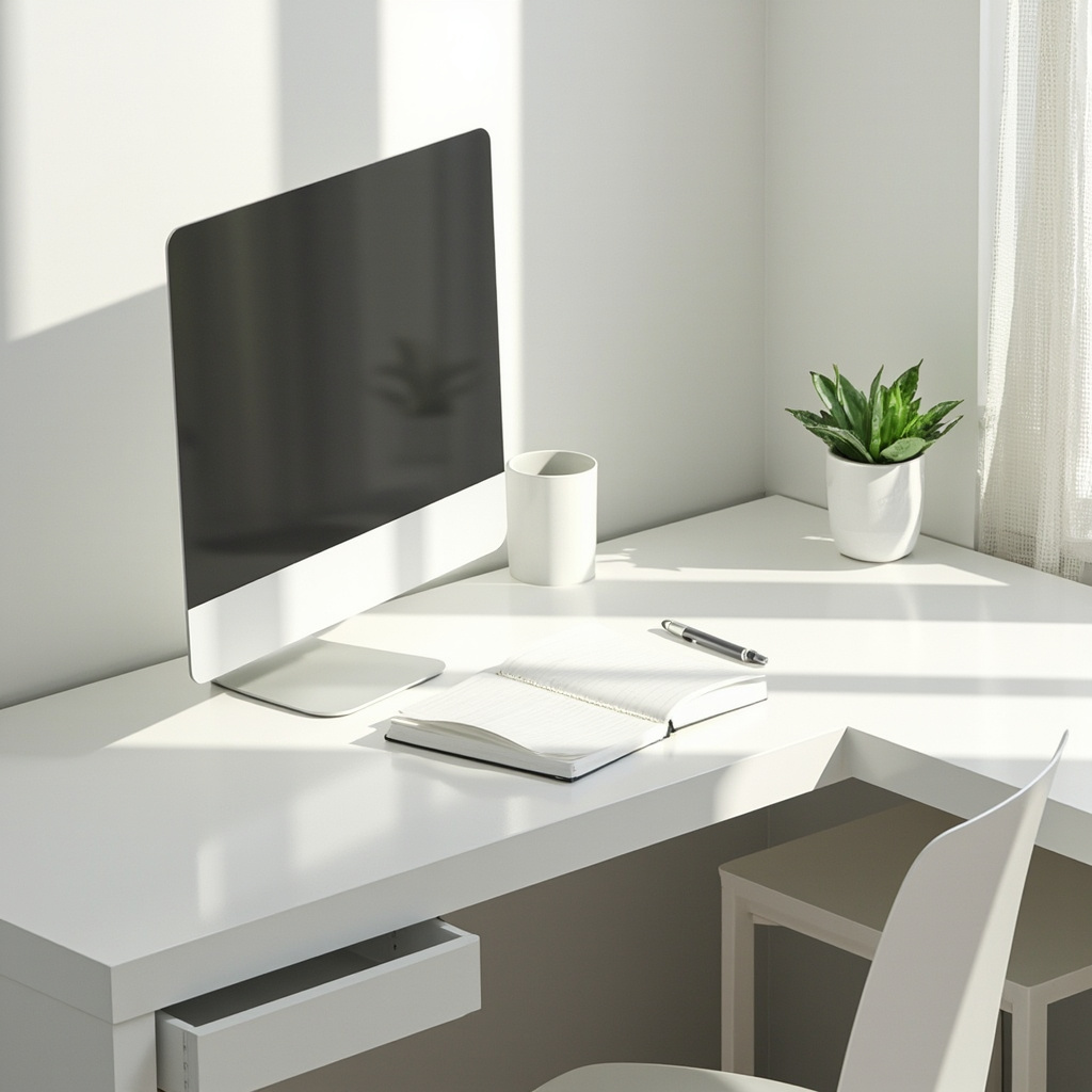 L-shaped white corner desk in a small room with monitor on riser and rolling cart tucked underneath