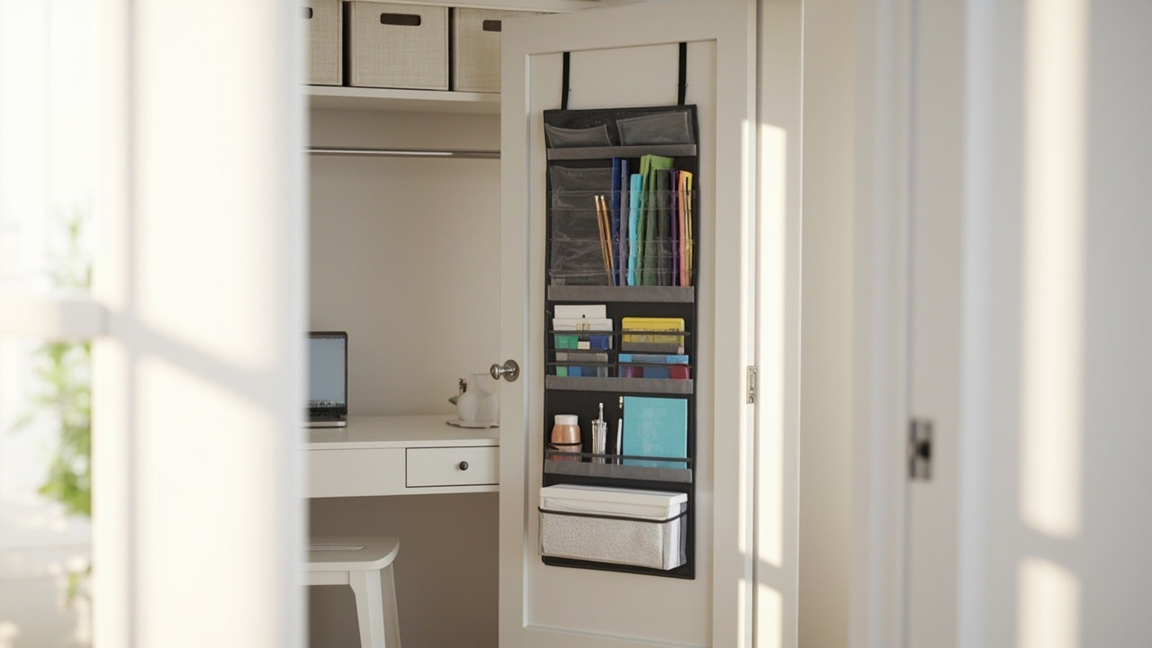 Closet office nook with dark grey over-door organizer pockets holding notebooks beside a compact desk
