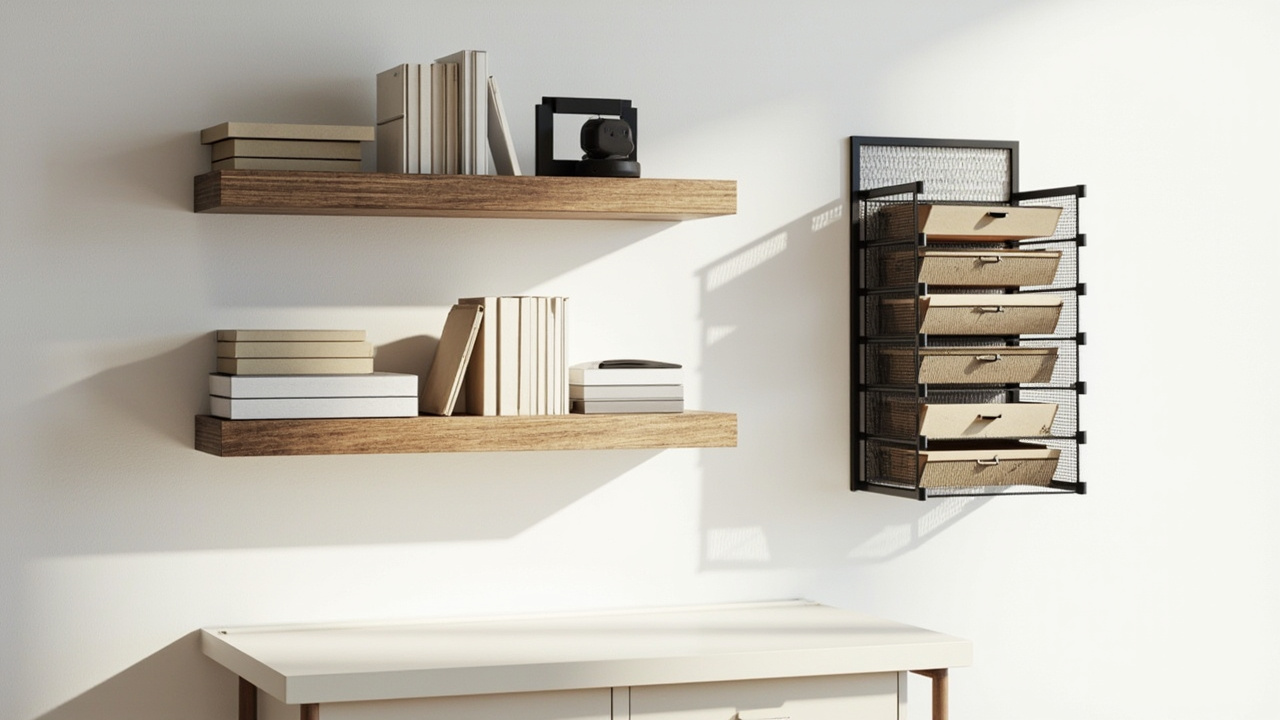 Three black floating wall shelves with books plus a mesh five-tier wall file above a clear desk