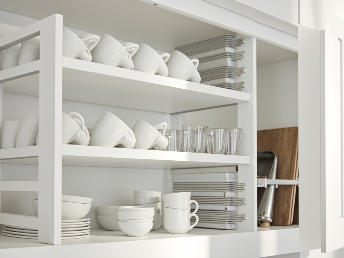 Upper kitchen cabinets with 3-tier shelf riser + under-shelf basket — Zone 1 with 8-category map