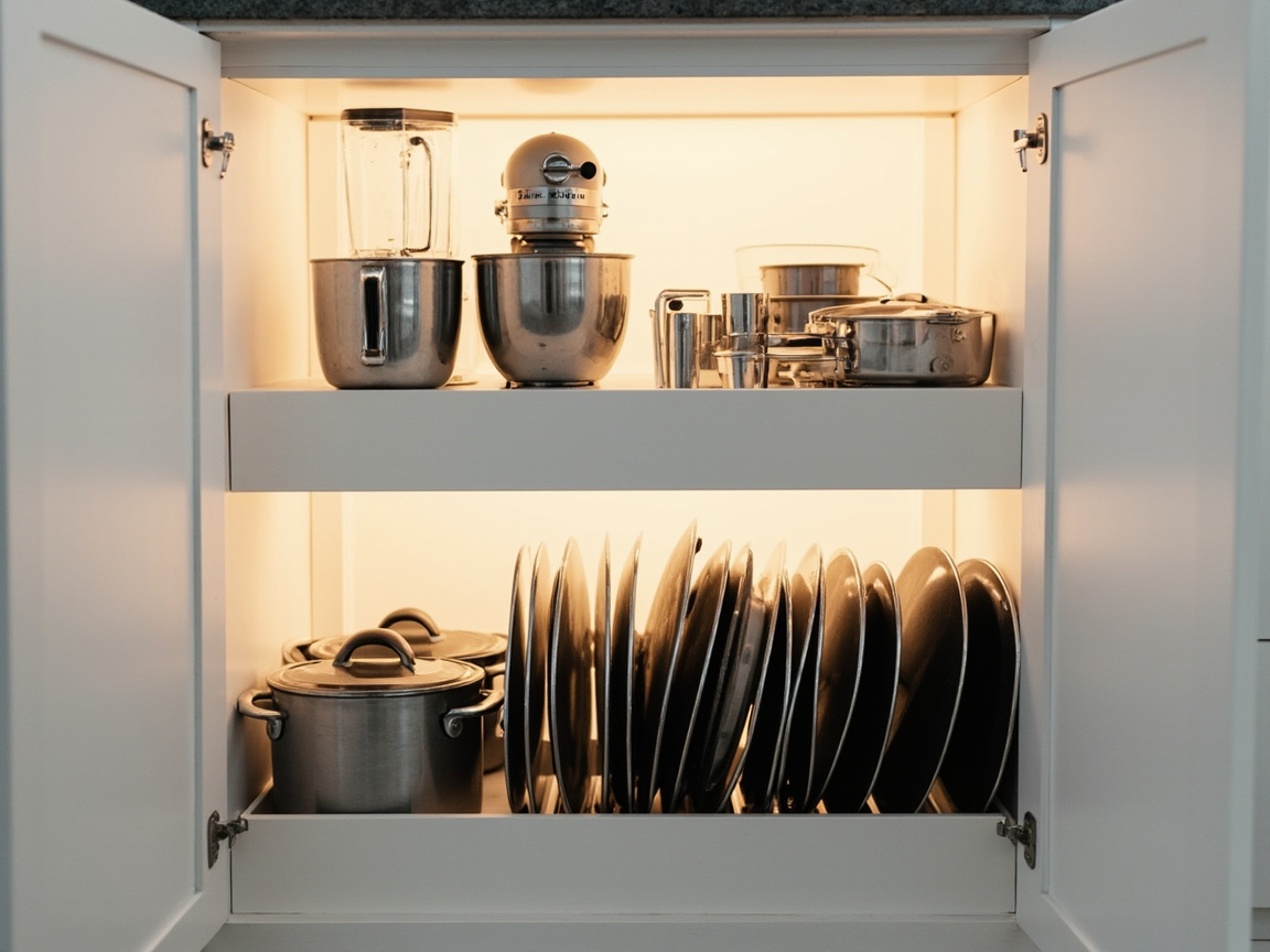 Lower cabinets with pull-out drawers and lazy susan installed — Zone 2 (Lower Cabinets) deep reach solution
