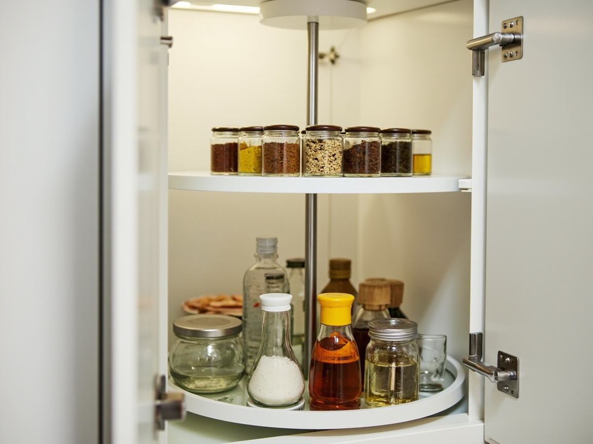 Pantry-style tall narrow cabinet with 3-tier organization — top rarely-used, middle daily, bottom heavy