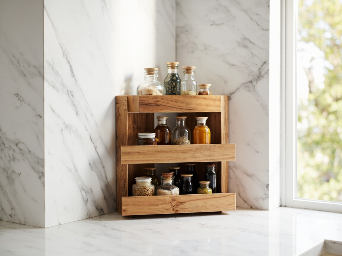 JayRex 3-tier corner shelf on a kitchen counter holding spices oils and small bottles
