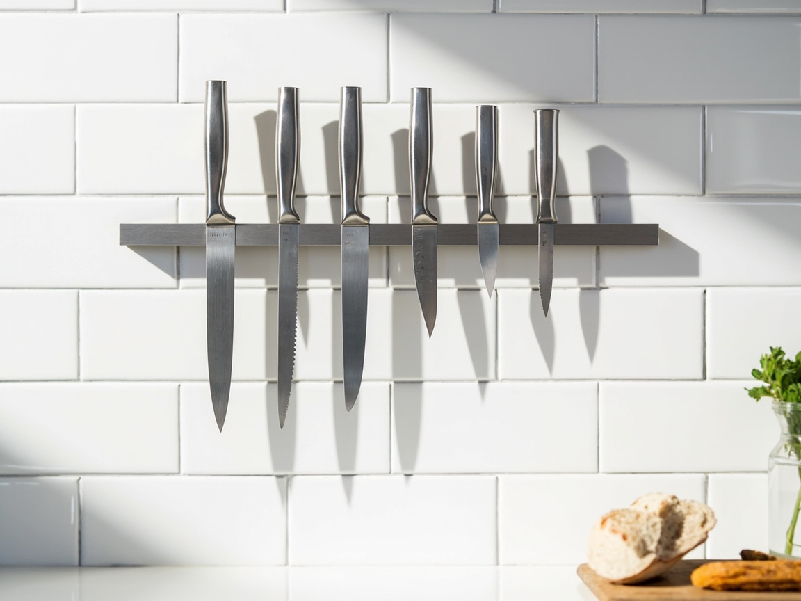 Magnetic knife bar mounted on white tile backsplash holding stainless knives above counter