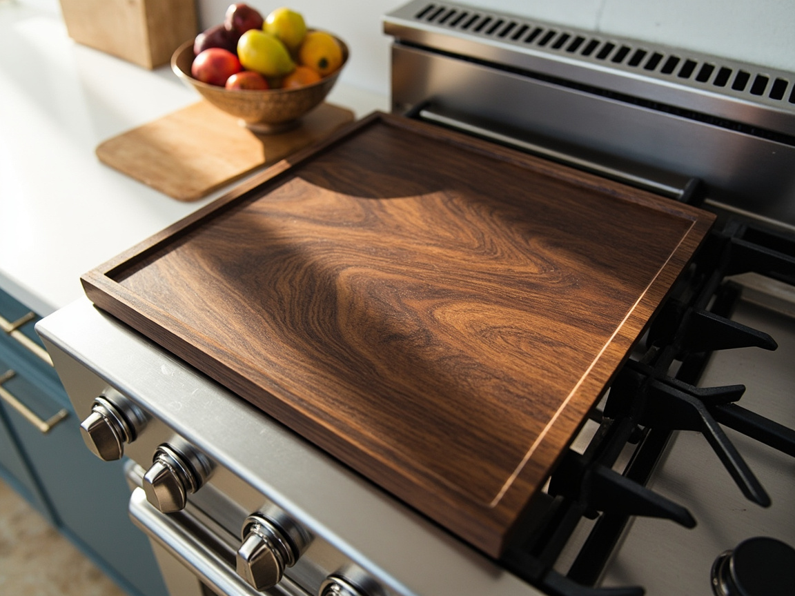 Walnut stove-top cover doubling as serving tray or prep surface