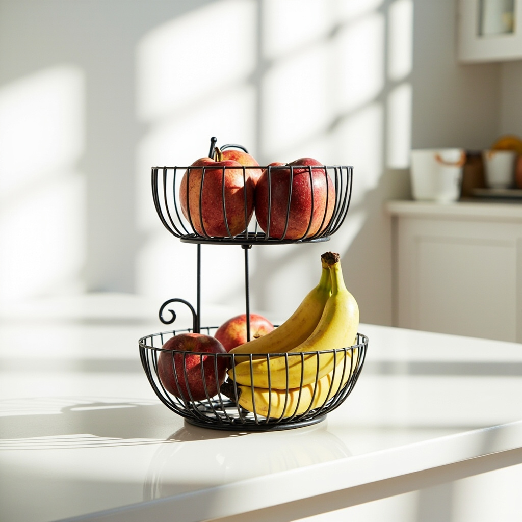 2-tier iron fruit basket with apples top tier + bananas side hanger