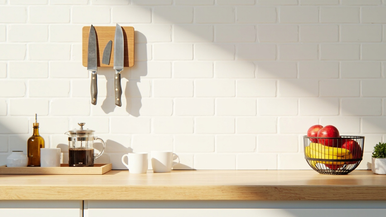 Countertop organization ideas: cooking tray, magnetic knife bar, coffee station at 12 inches, fruit basket display