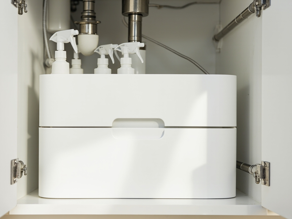 Kitchen under-sink cabinet with 4-zone pipe-aware system around P-trap and supply lines