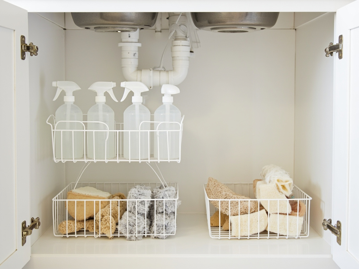 Hanging baskets suspended from under-shelf divider holding spray bottles and sponges