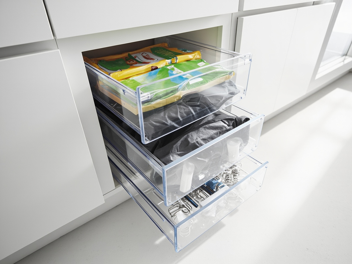 Stackable clear bins under kitchen sink holding dishwasher pods